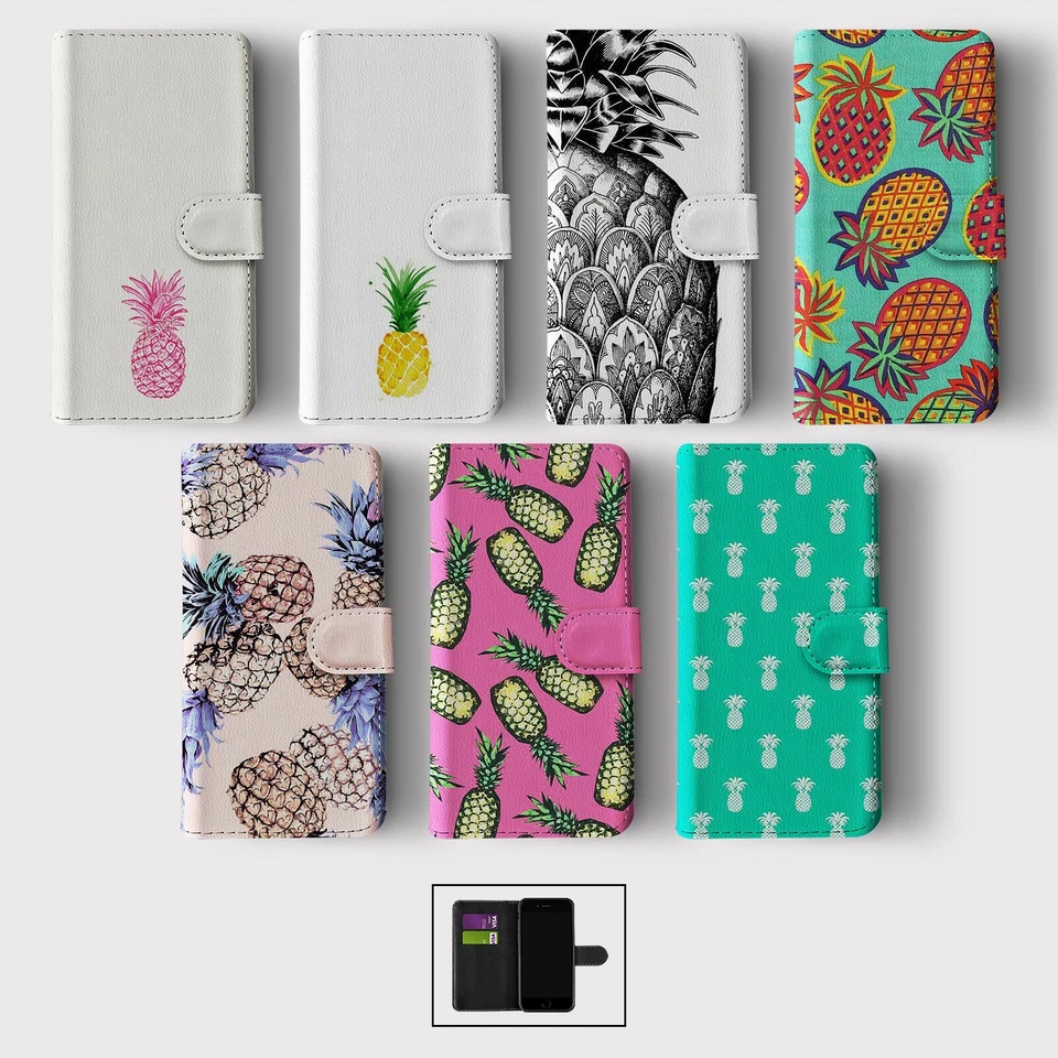 CASE FOR IPHONE 16 16E 15 14 12 SE PRO WALLET FLIP PHONE COVER PINEAPPLE FRUIT - Image 1 of 1