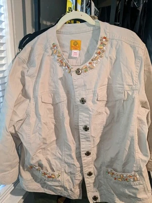 Ruby Rd. Beaded Stretch Crop Denim Jacket Women's S 22W Beige Pockets Snap Front - Image 1 of 3