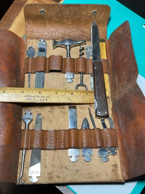 Antique Knife 1909 German Multi Tool Kit in Leather Case WW1 knife tools - Image 1 of 4