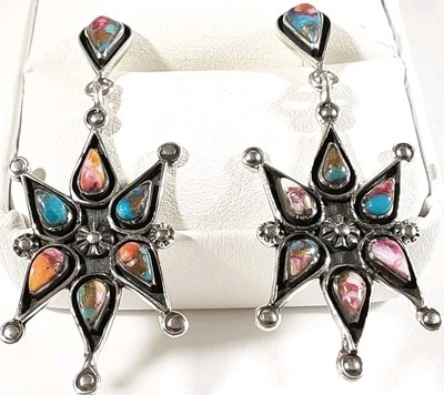 925 СТЕРЛИНГОВОГО многоцветный колючий и бирюзовый 1 7/8 «x 3/4» POST серьги 7,0 г - Изображение 1 из 4