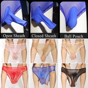 Penis Cover Briefs Underwear Glossy Sheer Panties Men Shiny Silky Briefs - Picture 1 of 21