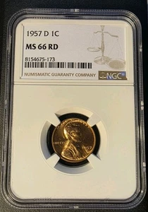 1957 D 1C Ms66 RD NGC Slab Lincoln Wheat Cent Die Scratches On Revers - Picture 1 of 3