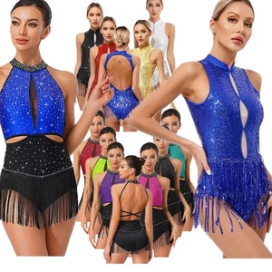 Damen Latein Tanzkleidung glänzend Trikot Quaste ärmellos Rock Tango Tanz Kostüm - Bild 1 von 148