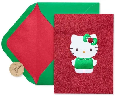 "Christmas Greetings to You!" GLITTERY PAPYRUS Hello Kitty CAT CARD - Image 1 of 3