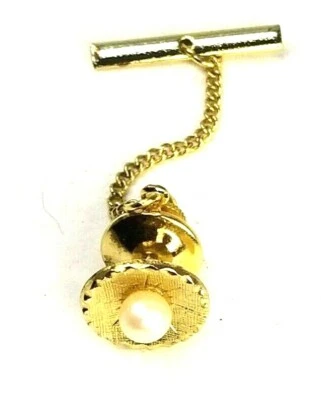 Vintage Tie Tack Faux Pearl Tie Pin Gold-Tone (B33) - Image 1 of 2