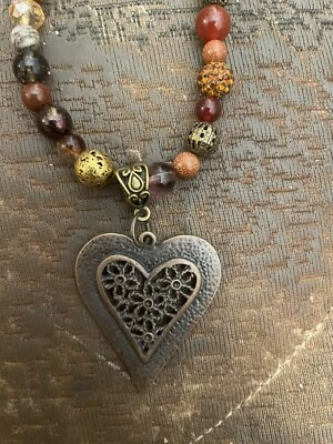 Collar Retro Bronce Filigrana Corazón Colgante Obsidiana Jaspe Hematita Cuentas Foto 1 de 3