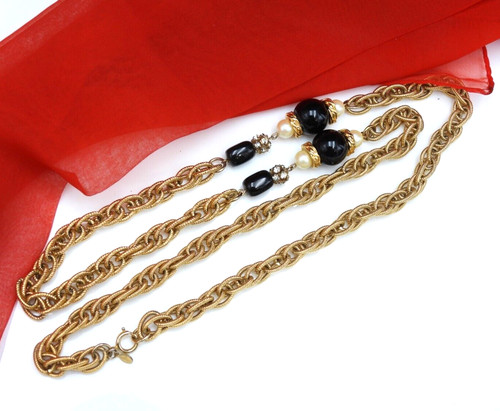 Collana Vintage Givenchy Tono Oro Finta Perla Strass Corda Catena Dichiarazione