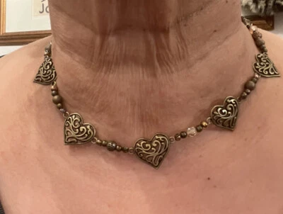 Collar Retro Bronce Filigrana Cinco Corazones Cristal Jaspe Ágata Hematita Cuentas Foto 1 de 4