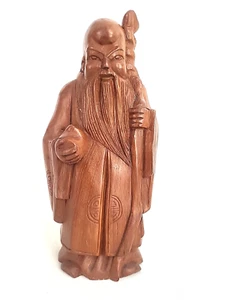 Vintage Wooden Carving Oriental Chinese Asian Old Man with Staff / Cane Stat 10" - Picture 1 of 7