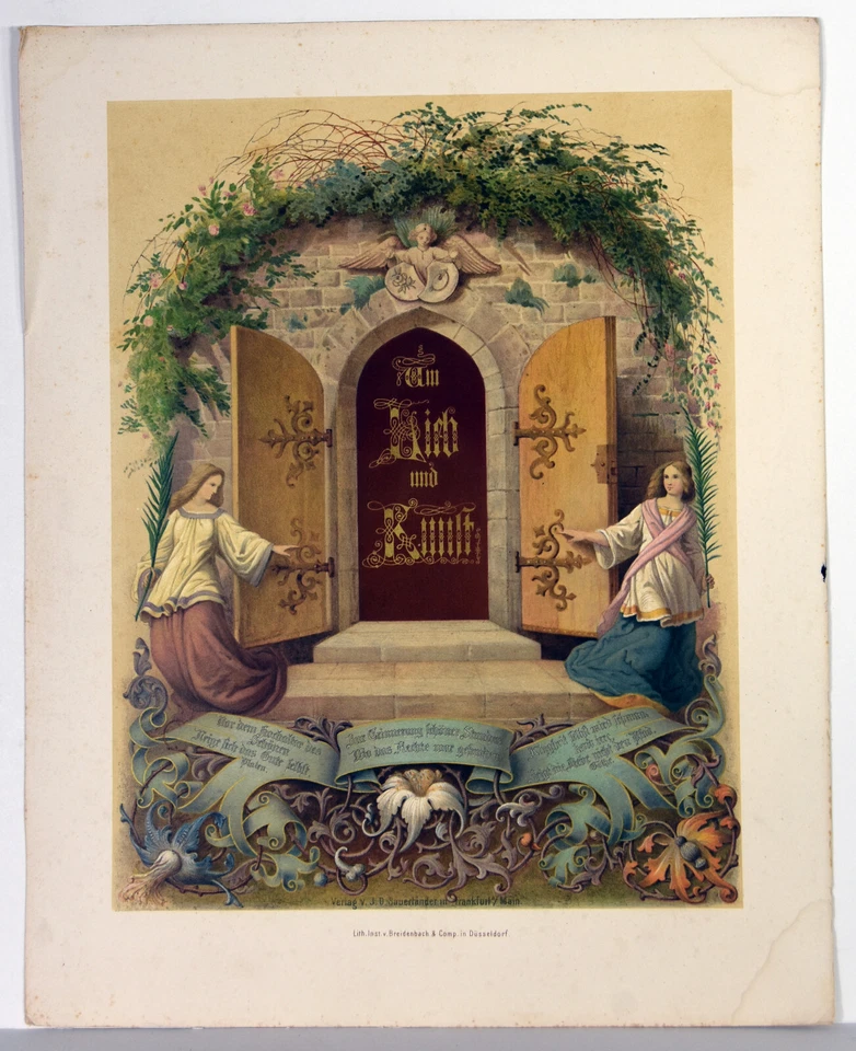 Estampa litho alemã antiga detalhes em tom dourado anjos por amor e arte Goethe - Imagem 1 de 4