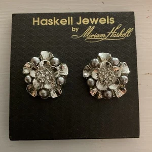 Miriam Haskell Jewels Rhinestone Flower Clip Earrings Vintage Original Card - Picture 1 of 5