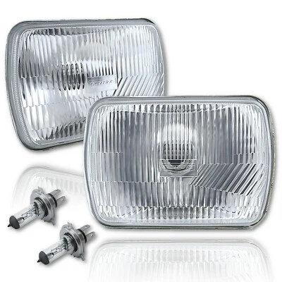 7X6 Stock Style Glass Lens Headlight Metal Headlamp H4 Halogen Light Bulbs Pair - Image 1 of 4