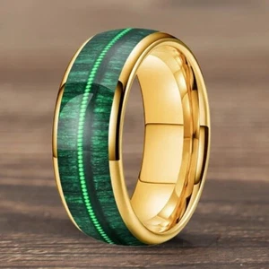 6/8MM Men Women Tungsten Carbide Ring Band Inlaid Green Wood Guitar String Ring - Picture 1 of 10