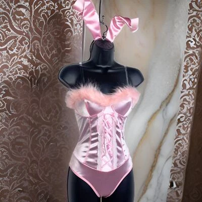 New Medium Silky Pink Feather Bunny Bodysuit Halloween Costume Set Mean Girls - Image 1 of 4