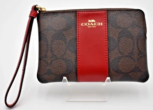 Coach Red Leather Stripe Brown Coated Canvas Corner Zip Wristlet Classic H2148 - Picture 1 of 8