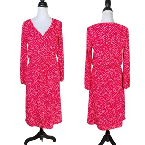 GAP XS Red Colorful Micro Floral Long Sleeve Tie Waist Button Front Midi Dress - Picture 1 of 13
