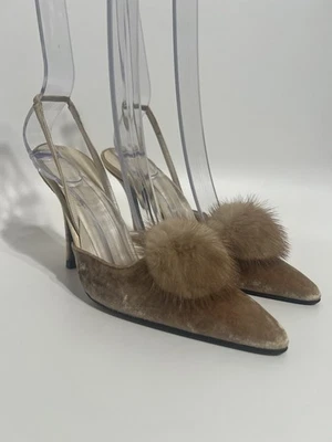 Vtg Christian Dior by John Galliano 90s Brown Velvet Fur Heels 37 - Image 1 of 4