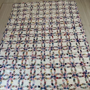 Antique Double Wedding Ring Quilt Feedsack 160x210cm Vintage Patchwork Bedding - Picture 1 of 17