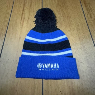 Yamaha Racing Beanie Hat Knit Cap Striped Blue Black White Pom Pom Adult - Image 1 of 4