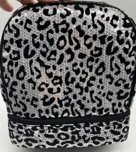 School Lunch Box Black Silver Leopard Sequins Dual Compartment Lunch Bag - Picture 1 of 10