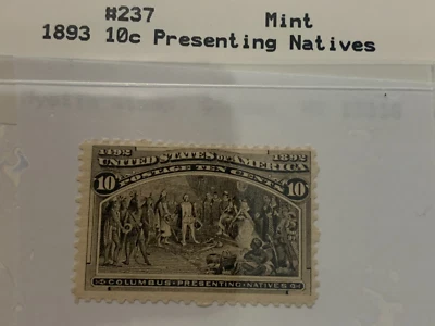 Columbian 1893 US Stamps Scott 237 Presenting Natives, 10 cents, Mint OG  CV 275 - Image 1 of 4