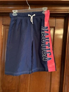 Nautica Boys Swim Trunks Blue With Pink Stripe LG 14/16 Back Pocket - Picture 1 of 3