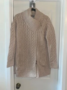 ARAN CRAFT Petite Merino Wool Long Asymmetric zip Front Sweater PARSNIP sz MP - Picture 1 of 2