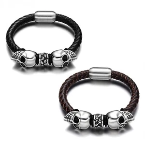 Men's High Quality Punk Style 316L Stainless Steel Skull Leather Braided Bangle - Picture 1 of 10