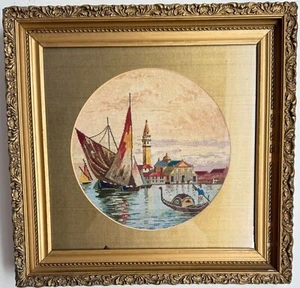 Vintage Antique Petit Point- Venetian Water Scene With Gilt Frame  ZZ438 - Picture 1 of 4