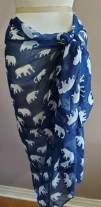 Oversized Scarf Wrap Sarong Blue White Elephant Print Lightweight Viscose 69x39" - Picture 1 of 14