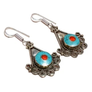 Inlay Turquoise, Red Coral Gemstone Antique Handcrafted Oxidized Tibetan Earring - Picture 1 of 3