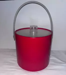 Vintage Red Vinyl Ice Bucket MCM Acrylic Lid And White Handle - Picture 1 of 15