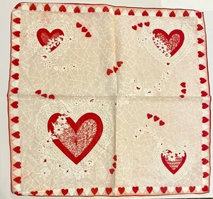 Vintage Valentines Day Cotton Handkerchief Red Hearts & Flowers Pretty Hanky 14" - Bild 1 von 8