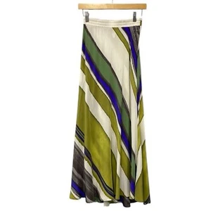 Left Of Center Pure Silk Maxi Bias Skirt Sz S Printed Green Blue Ivory Gray - Picture 1 of 8