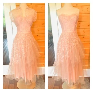 Vintage 1950s strapless prom dress w lace bolero dusty pink asymmetrical cupcake - Picture 1 of 9
