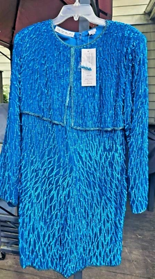 SCALA SILK NEW YEARS EVE COCKTAIL DRESS TURQUOISE BLUE SEQUINS NWT XL $150 RET - Image 1 of 3