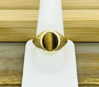 Anillo martillado vintage de oro amarillo macizo de 10 quilates con cabujón ovalado ojo de tigre talla 10 para hombre Foto 1 de 4
