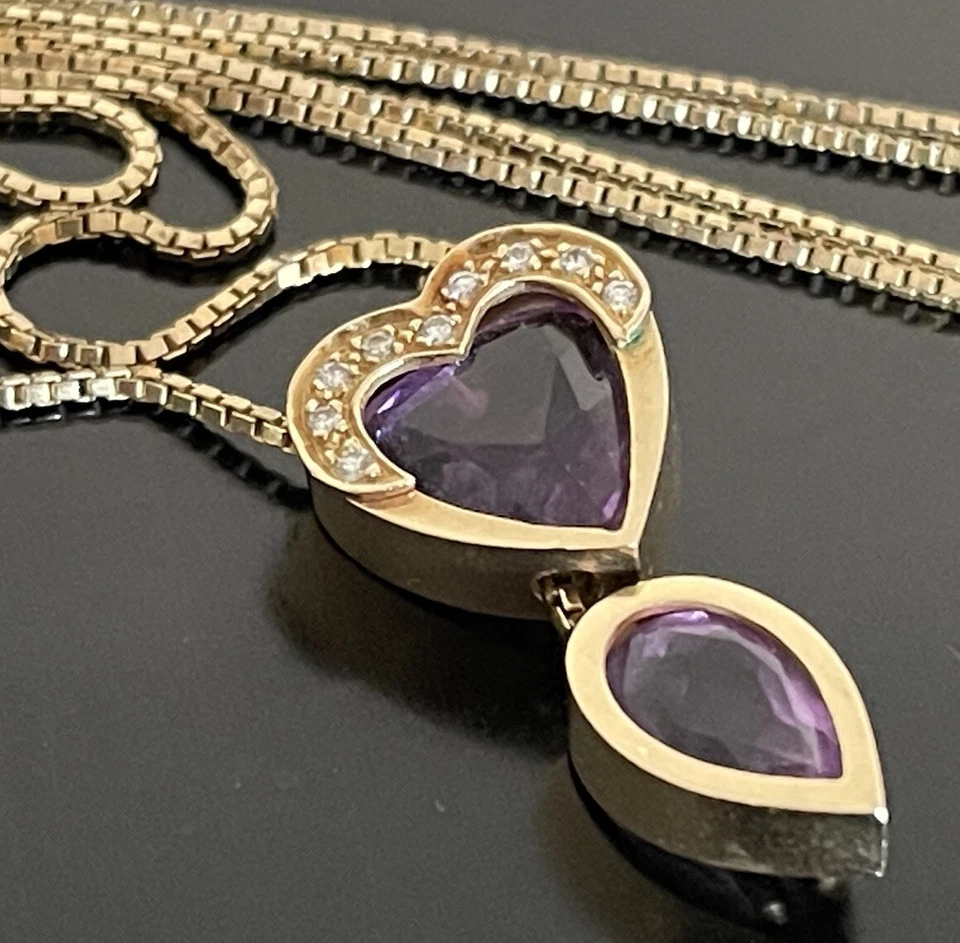 14K 纯金心形泪珠紫水晶钻石 25 英寸盒装项链 10.2 克 — 第 1/4 张图片