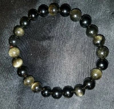 Brazalete elástico súper cargado dorado brillo obsidiana negra 8 mm cuentas 8", ¡Reiki! Foto 1 de 4