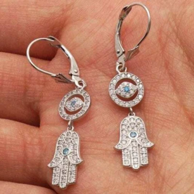 1.10Ct CZ 14K White Gold Hamsa Evil Eye Dangle Leverback Earrings - Image 1 of 4