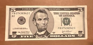 2003 A  Series $5 Banknote. B2-NY District, S# FB 07436942 C - Picture 1 of 2