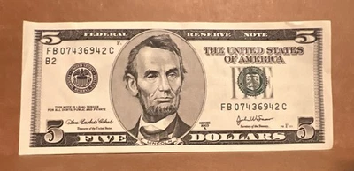 2003 A  Series $5 Banknote. B2-NY District, S# FB 07436942 C - Image 1 of 2