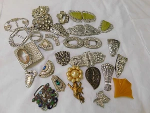 Vintage Dress Clips and Art Deco Belt Buckles LOT AS IS Rhinestones Bakelite - Picture 1 of 16