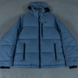 Hollister Jacket Mens Small Blue Puffer Down Fill Quilted Heavy Outdoor Hooded - Picture 1 of 11