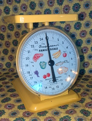 Vtg American Family Scale Yellow Metal Farmhouse Kitchen Kitschy MCM decor (B3) - Image 1 of 4