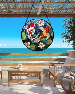 Stained Glass Window Hanging, Koi and Lotus Sun Catcher for Door Home Decor F... - Bild 1 von 7