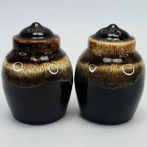 Set Pottery Brown Drip Salt & Pepper Shakers w Stoppers 4" Rustic EXCELLENT - Picture 1 of 9