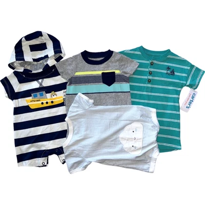 Carter's Baby Boy 0 3 Mos Outfit Lot 4pc Shortall Romper 1pc Stripe Summer - Image 1 of 4