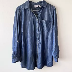 Chicos Womens Size 2 Blue Denim Shirt Blue Button Up Tunic Long Roll Tab Sleeve - Picture 1 of 7
