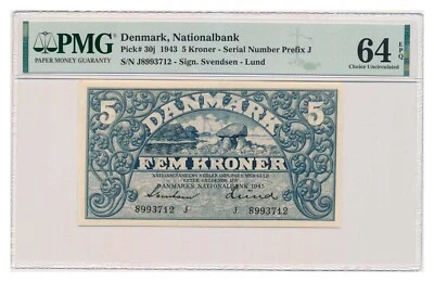 DENMARK banknote 5 Kroner 1943 PMG MS 64 EPQ Choice Uncirculated - Image 1 of 4